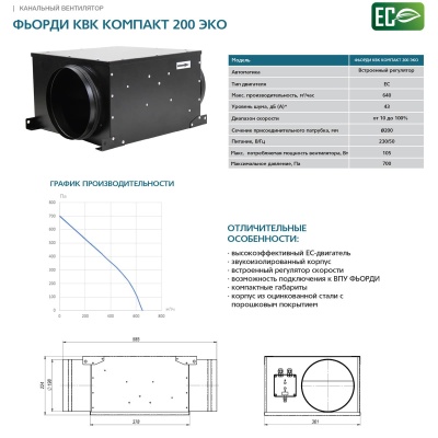 Канальный вентилятор круглый Фьорди КВК Компакт 200 ЭКО